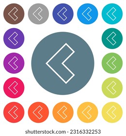 Left angle arrow outline flat white icons on round color backgrounds. 17 background color variations are included.