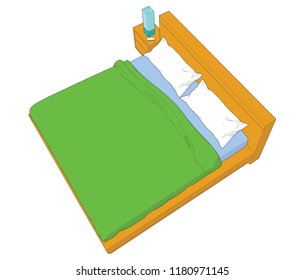 Left angle Top view birds eye perspective level Double bed side table lamp mobile phone smartphone white pillow green blanket wood