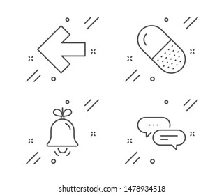 Left arrow, Bell and Capsule pill line icons set. Dots message sign. Direction arrow, Alarm signal, Medicine drugs. Chat bubble. Business set. Line left arrow outline icon. Vector