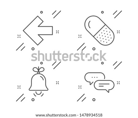 Left arrow, Bell and Capsule pill line icons set. Dots message sign. Direction arrow, Alarm signal, Medicine drugs. Chat bubble. Business set. Line left arrow outline icon. Vector