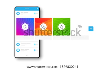 Left arrow, Bell and Capsule pill line icons set. Interface carousel. Dots message sign. Direction arrow, Alarm signal, Medicine drugs. Chat bubble. Business set. Social network post. Vector