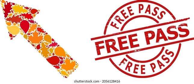 Left up Arrow collage icon combined for fall season, and Free Pass scratched stamp. Vector left up arrow mosaic is done of scattered autumn maple and oak leaves.