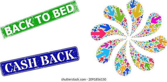Left arrow direction icon vibrant centrifugal motion flower fireworks composition, and grunge Back to Bed stamp seal. Blue Cash Back and green Back to Bed rectangle grunge seal stamps.