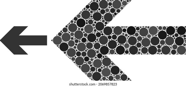 Left arrow direction vector mosaic of circle dots in various sizes and color tints. Round dots are combined into left arrow direction vector illustration. Abstract vector illustration.