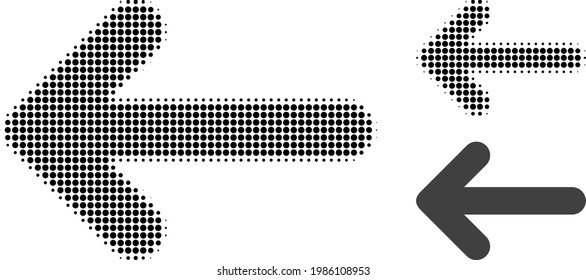 Left arrow halftone dotted icon. Halftone array contains round pixels. Vector illustration of left arrow icon on a white background.