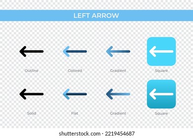 left arrow icon in different style. left arrow vector icons designed in outline, solid, colored, gradient, and flat style. Symbol, logo illustration. Vector illustration