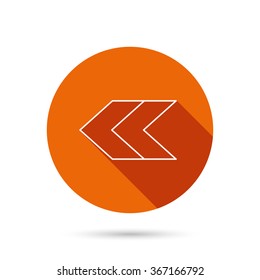 Left arrow icon. Previous sign. Back direction symbol. Round orange web button with shadow.