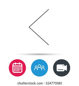 Left arrow icon. Previous sign. Back direction symbol. Group of people, video cam and calendar icons. Vector