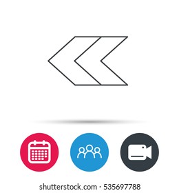 Left arrow icon. Previous sign. Back direction symbol. Group of people, video cam and calendar icons. Vector