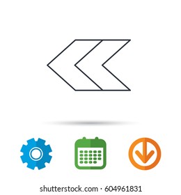 Left arrow icon. Previous sign. Back direction symbol. Calendar, cogwheel and download arrow signs. Colored flat web icons. Vector