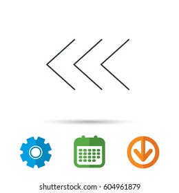 Left arrow icon. Previous sign. Back direction symbol. Calendar, cogwheel and download arrow signs. Colored flat web icons. Vector