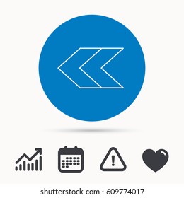 Left arrow icon. Previous sign. Back direction symbol. Calendar, attention sign and growth chart. Button with web icon. Vector