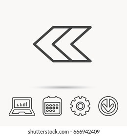 Left arrow icon. Previous sign. Back direction symbol. Notebook, Calendar and Cogwheel signs. Download arrow web icon. Vector