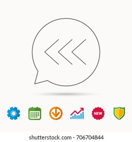 Left arrow icon. Previous sign. Back direction symbol. Calendar, Graph chart and Cogwheel signs. Download and Shield web icons. Vector