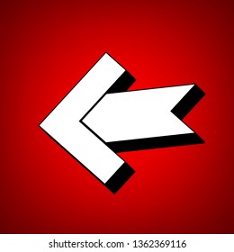 Left arrow icon. Vector. Perspective view of white icon with black outline at reddish background.