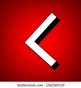 Left arrow icon. Vector. Perspective view of white icon with black outline at reddish background.
