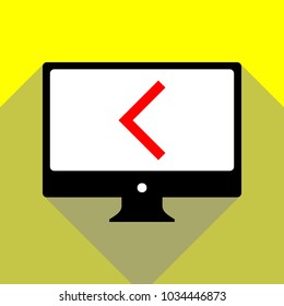 Left arrow icon. Vector. Red icon on white monitor of black all-in-one desktop computer with two shadows at yellow background.