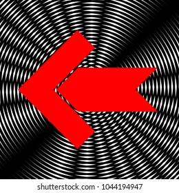 Left arrow icon. Vector. Red icon on white and black radial interference as background.
