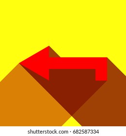Left arrow icon. Vector. Red icon with two flat reddish shadows on yellow background.