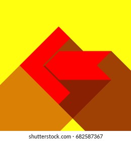 Left arrow icon. Vector. Red icon with two flat reddish shadows on yellow background.