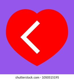 Left arrow icon. Vector. White icon in red heart at lavender background.