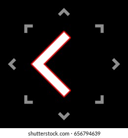 Left arrow icon. Vector. White icon in gray focus like mandala on black background.