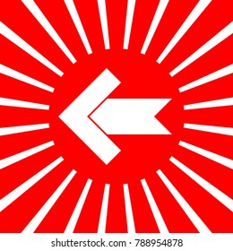 Left arrow icon. Vector. White icon on red sun with rays as background. Isolated.