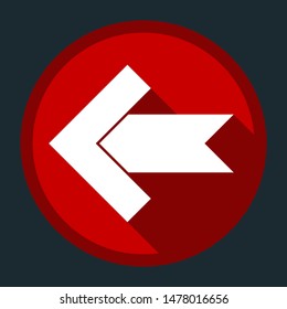 Left arrow icon. White icon with shadow on round red button at dark cyan background. Illustration.