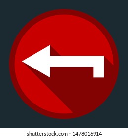 Left arrow icon. White icon with shadow on round red button at dark cyan background. Illustration.