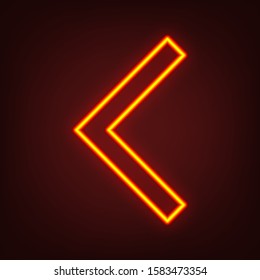 Left arrow icon. Yellow, orange, red neon icon at dark reddish background. Illumination. Illustration.