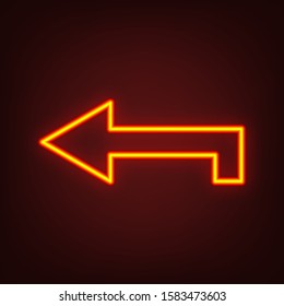 Left arrow icon. Yellow, orange, red neon icon at dark reddish background. Illumination. Illustration.