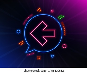 Left arrow line icon. Neon laser lights. Direction Arrowhead symbol. Navigation pointer sign. Glow laser speech bubble. Neon lights chat bubble. Banner badge with left arrow icon. Vector