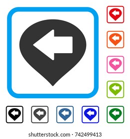 Left Arrow Marker icon. Flat gray pictogram symbol in a light blue rounded square. Black, gray, green, blue, red, orange color additional versions of Left Arrow Marker vector.