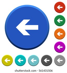Left arrow round color beveled buttons with smooth surfaces and flat white icons