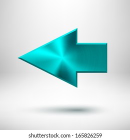 Left arrow sign with cyan metal texture (silver, chrome, steel, iron), realistic shadow and light background for internet sites, web user interfaces (UI) and applications (apps). Vector.