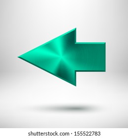 Left arrow sign with green (emerald) metal texture (silver, chrome, steel, iron, bronze), realistic shadow and light background for web interfaces (UI) and applications (apps). Vector illustration.