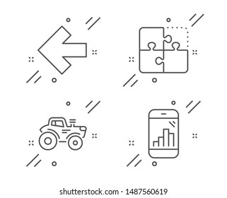 Left arrow, Tractor and Puzzle line icons set. Graph phone sign. Direction arrow, Farm transport, Engineering strategy. Mobile statistics. Technology set. Line left arrow outline icon. Vector