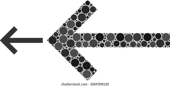 Left arrow vector collage of round dots in variable sizes and color tinges. Round dots are organized into left arrow vector collage. Abstract vector illustration.