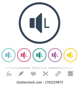 Left audio channel flat color icons in round outlines. 6 bonus icons included.