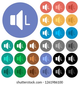 Left audio channel multi colored flat icons on round backgrounds. Included white, light and dark icon variations for hover and active status effects, and bonus shades.