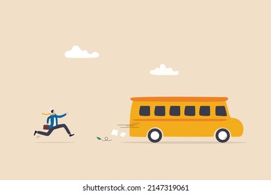 Left Behind, Exclusion Or Forgotten Employee, Failure Or Mistake To Come Late And Miss The Bus, Opportunity Gone Away Concept, Frustrated Businessman Come Late Running To Catch The Run Away Bus.