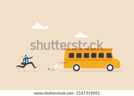 Left behind, exclusion or forgotten employee, failure or mistake to come late and miss the bus, opportunity gone away concept, frustrated businessman come late running to catch the run away bus.