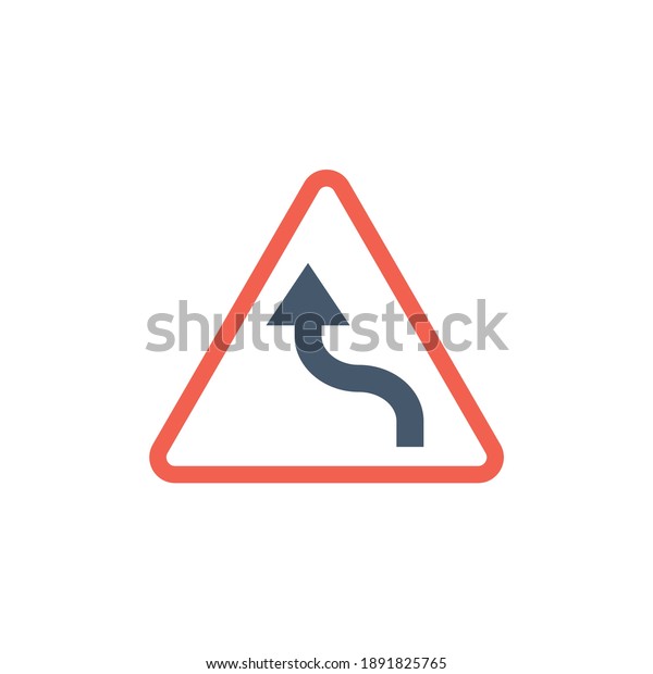 Left bend ahead sign symbol,\
icon  in solid black flat shape glyph icon, isolated on white\
background