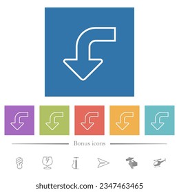 Left bottom side turn arrow outline flat white icons in square backgrounds. 6 bonus icons included.