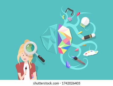 Left brain, art concept people character, mind mapping, idea and creativity pictogram concept, flat design and polygon background cartoon vector illustration