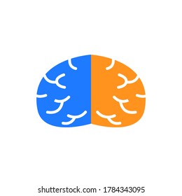 Left brain and right brain flat logo, hand drawn vector flat illustration of left brain part and right brain part in different colors, isolated on white background.