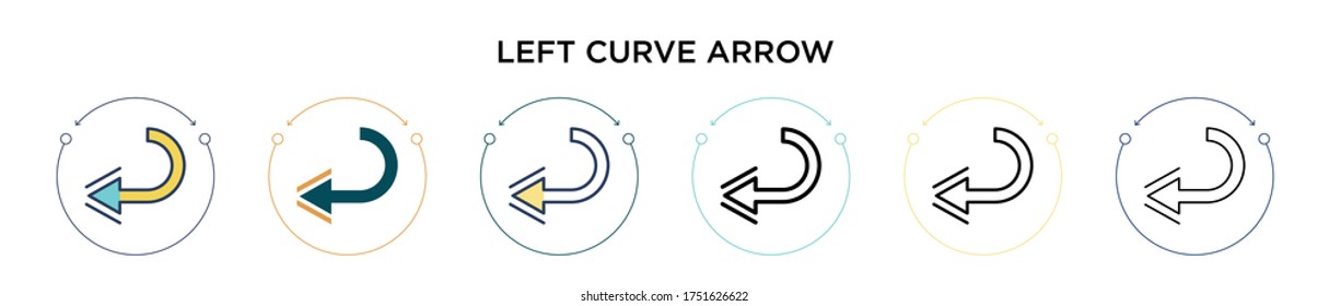 Left curve arrow icon in filled, thin line, outline and stroke style. Vector illustration of two colored and black left curve arrow vector icons designs can be used for mobile, ui, web