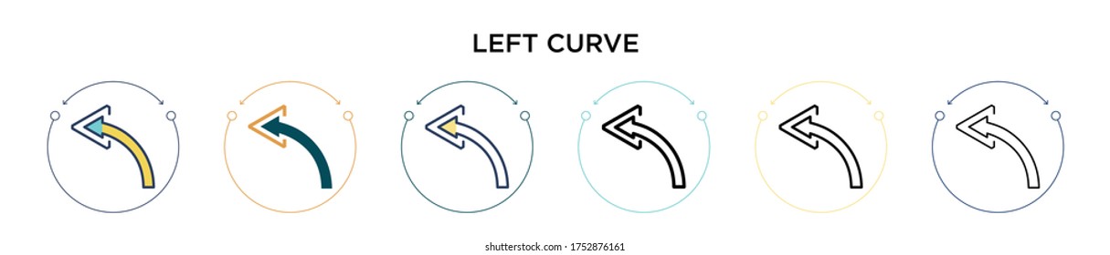 Left curve icon in filled, thin line, outline and stroke style. Vector illustration of two colored and black left curve vector icons designs can be used for mobile, ui, web