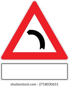 Icono de tráfico de advertencia de curva izquierda con señal de tráfico triangular y panel de información en blanco