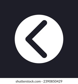Left direction arrow dark mode glyph ui icon. Mobile app element. User interface design. White silhouette symbol on black space. Solid pictogram for web, mobile. Vector isolated illustration